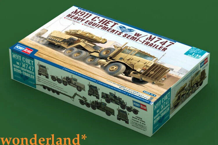 Hobbyboss model kit box showing M911 C-HET and M747 heavy equipment semi-trailer artwork