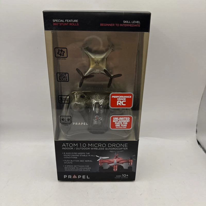 Red micro quadcopter drone in retail packaging, beginner-friendly 360° control