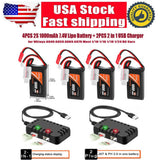4x 1000mAh 7.4V 2S Lipo Battery +PH2.0 & JST Plug USB Charger for 1/24 RC Car us Battery
