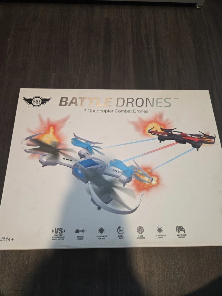 Battle drones toy box with colorful quadcopter combat scene graphic