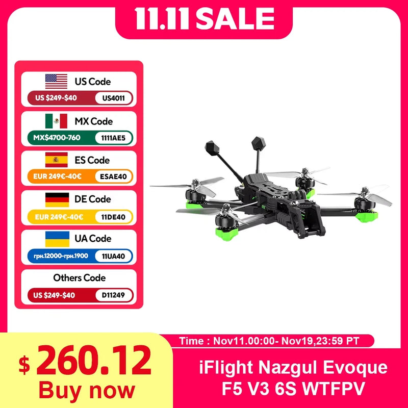 iFlight Nazgul Evoque FPV quadcopter with green propellers, black frame