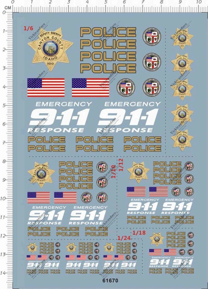 1/6 1/10 1/12 1/18 Scale 911 US Police Motor Motorcycle Model Decal 10*14  61670
