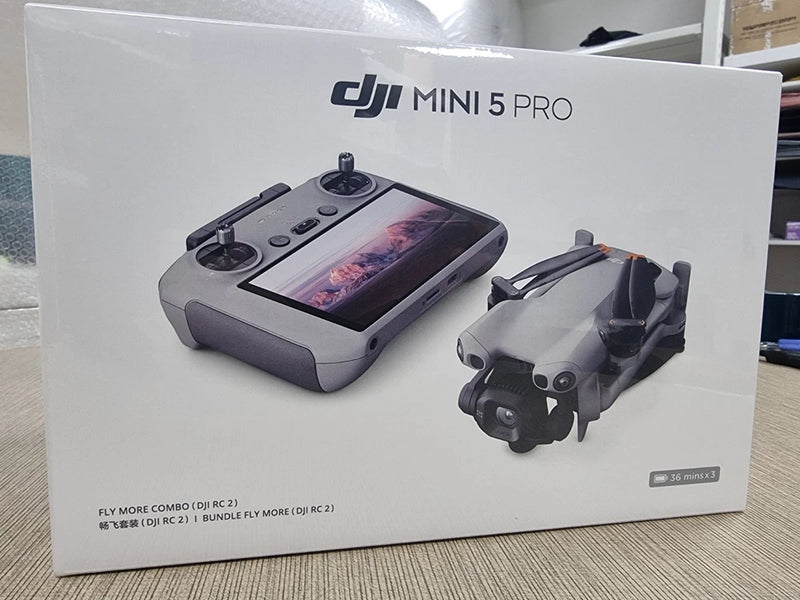 DJI Mini 5 Pro Flymore combo box showing controller and drone