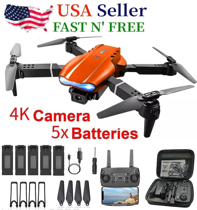 Foldable quadcopter drone with FPV camera, orange body, four propellers, plus controller set