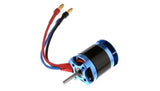 Brushless RC helicopter motor with blue housing, mounting plate, and attached lead wires