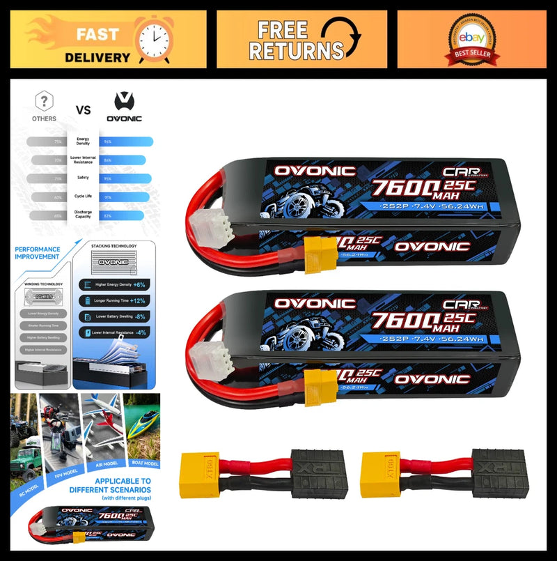 High-Capacity 2S Lipo Battery 7.4V 7600mAh 25C TRA Connector for RC Cars, Drones Battery