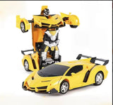 Yellow RC transformer toy: convertible robot with remote-control sports car design