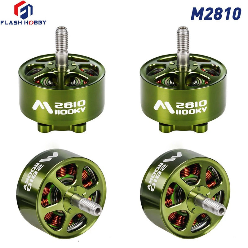 Green M2810 2810 brushless RC motor with metal shaft, stator windings, 1100KV label