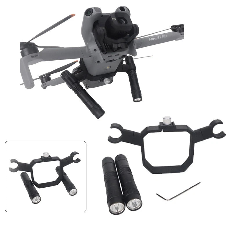 Drone flashlight holder bracket with two-cylinder LED lights and mounting hardware