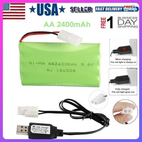 9.6V 2400mAh NiMH Rechargeable Battery KET-2P Connector USB Charger Cable For RC