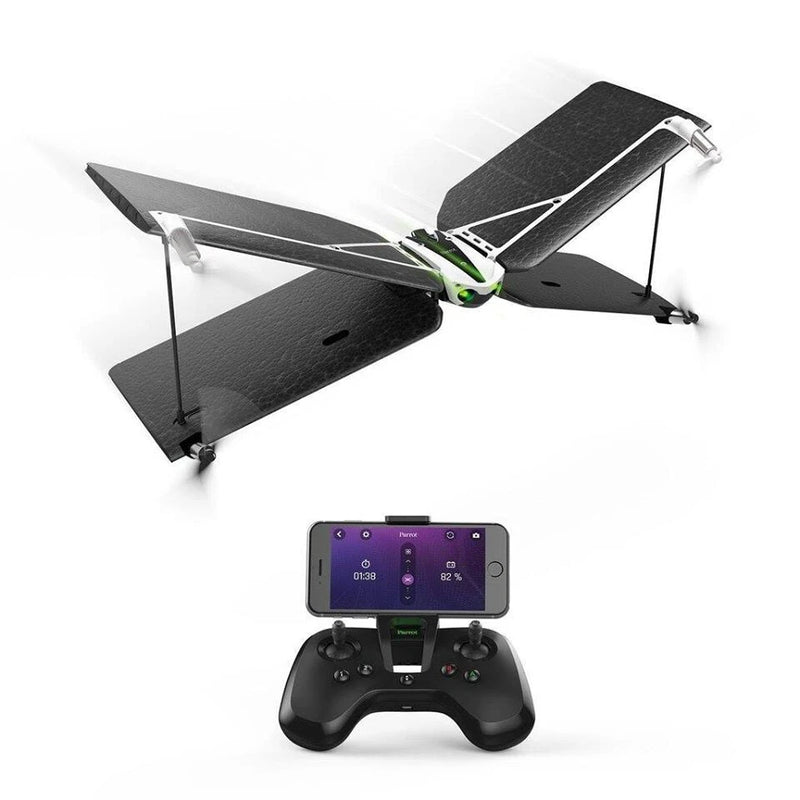 Black foldable quad-copter drone with controller and built-in screen