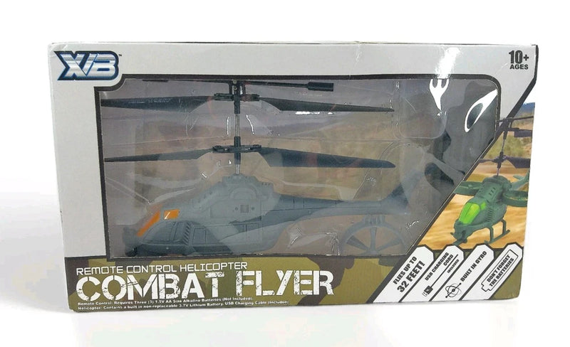 Remote control combat flyer helicopter in retail box, X/B branding, 10+ age label