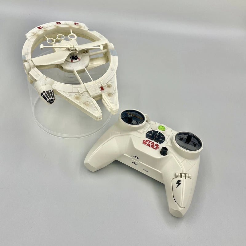 White remote control drone with circular rotor and white controller with black buttons