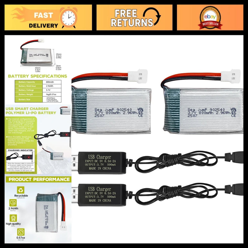 2PCS 3.7V 800mAh Lipo Battery 25C with USB Charger for Drones, Quadcopters, Robo Battery