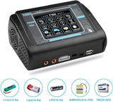 Black RC battery balance charger/discharger with touch screen and side ports, 150W