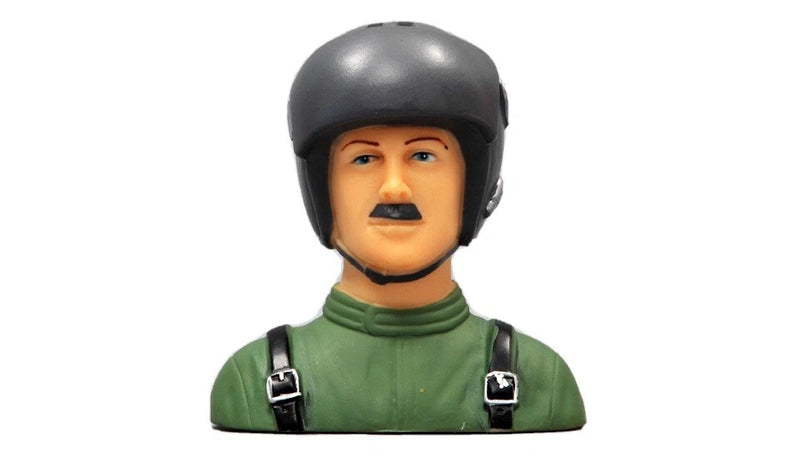 WWI pilot model figure bust in black helmet and green flight jacket, with mustache