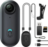 Black mini body camera with lanyard, clip mount, USB cable, and 128GB memory card