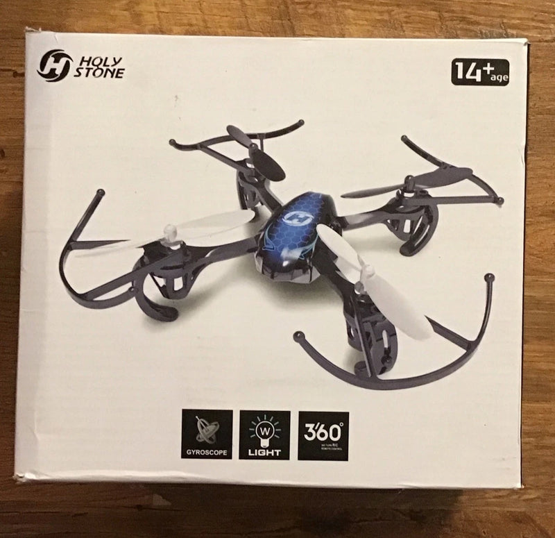 Holy Stone quadcopter drone with blue center and four propellers, 360° stunt design