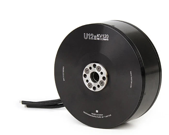 T-Motor U12 ii KV120 brushless UAV motor, black cylinder with mounting holes and leads