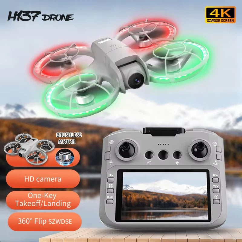 RC quadcopter drone with dual cameras and handheld controller, gray with screens