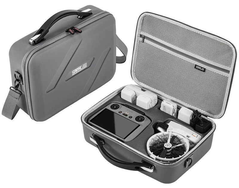 Gray handheld storage bag with shoulder strap, open compartments with mesh divider