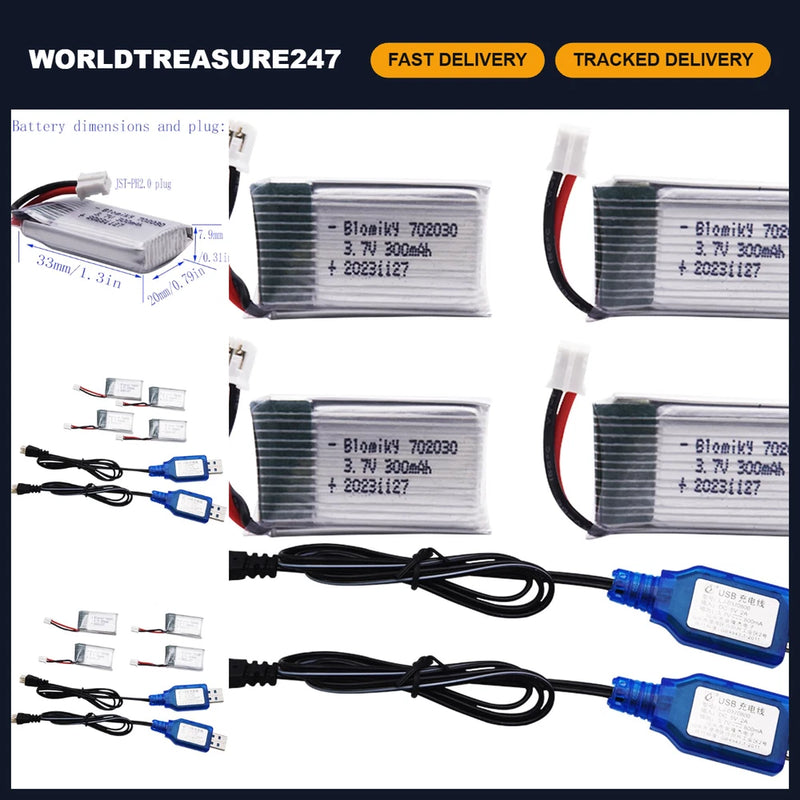 4 Pack 3.7V 300mAh Lipo Battery with USB Cables for Mini Nano RC Drone Quadcopte Battery