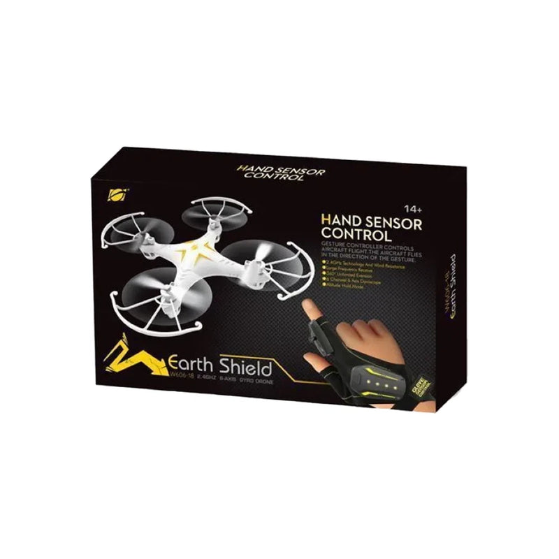 Mini hand-sensor operated drone in retail box, with quadcopter and hand controller icons