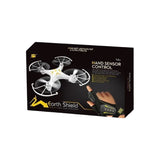 Mini hand-sensor operated drone in retail box, with quadcopter and hand controller icons