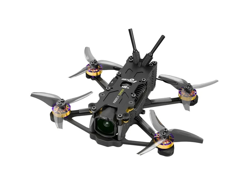 Black micro quadcopter drone with four propellers and front camera module
