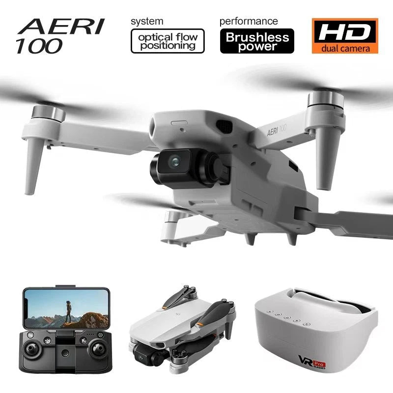 Foldable AERI 100 drone with 4K camera, controller and VR headset, gray