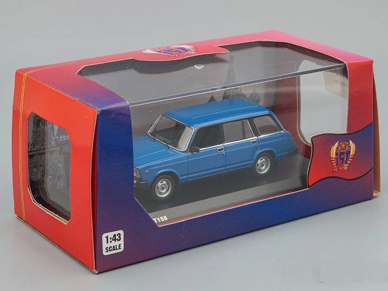 1:43 blue Lada Zhiguli station wagon model in red and blue display box