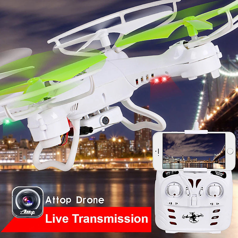 White and green quadcopter drone with live transmission WiFi camera and remote controller