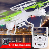 White and green quadcopter drone with live transmission WiFi camera and remote controller