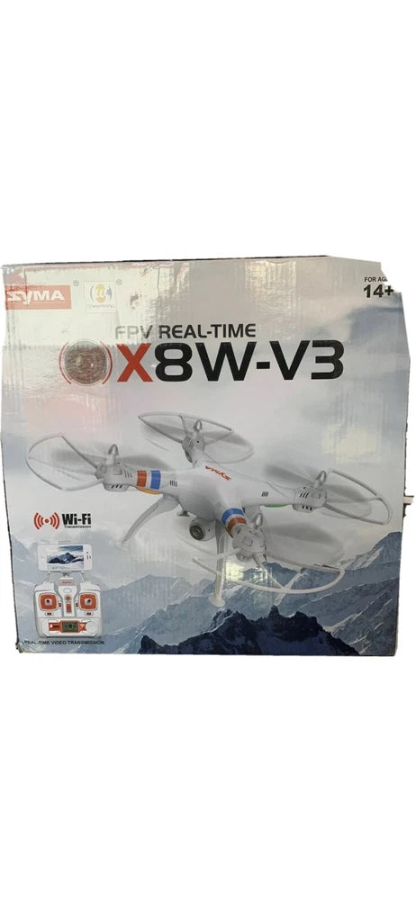 FPV real-time drone retail box with X8W-V3 artwork and Wi-Fi icon