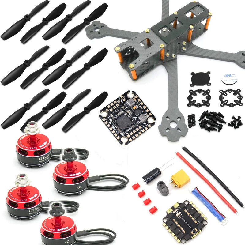 FPV racing drone kit with carbon frame, propellers, motors, and F722 flight controller