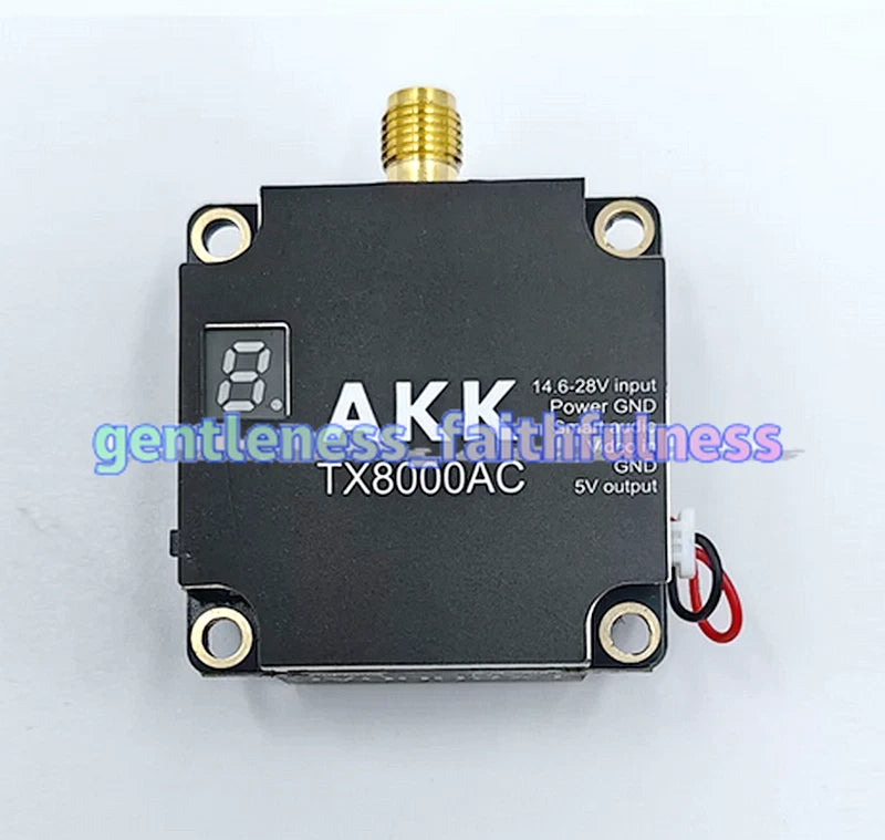 Black FPV video transmitter module with SMA connector and TX8000AC label