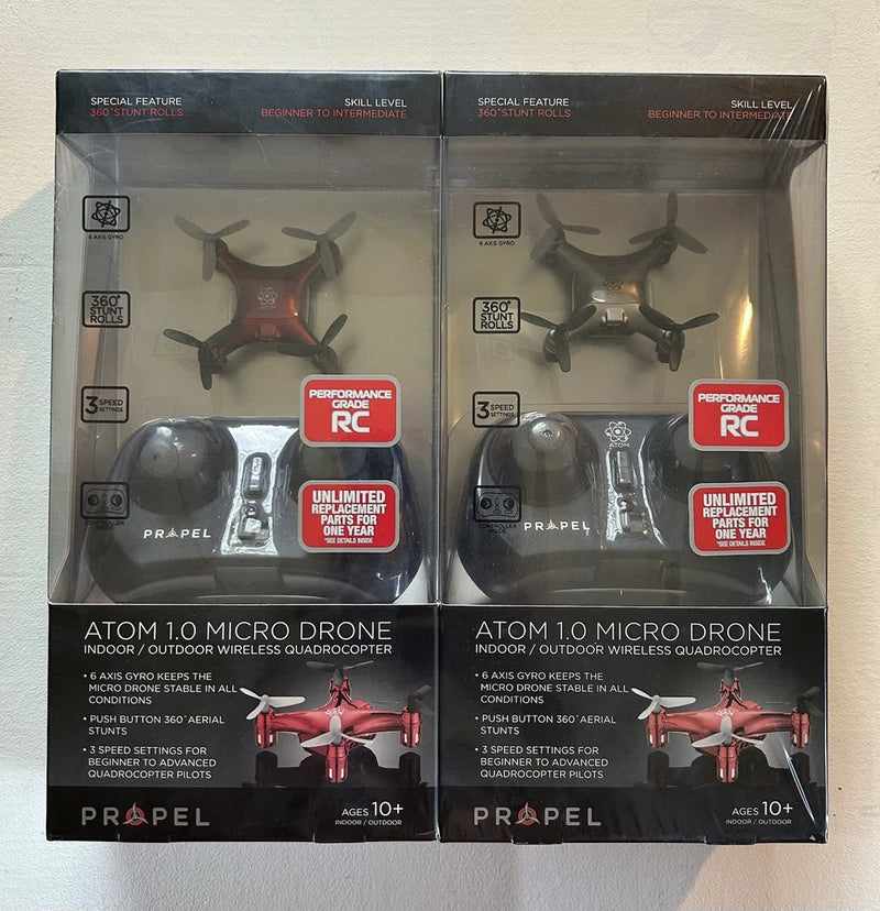 Mini RC quadcopter drone 2-pack in retail boxes, red and silver