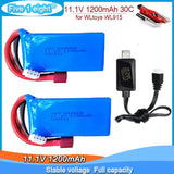 11.1V 1200mAh LiPo battery pack with red leads, T plug, and dual-pack charging cable