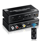 Black HDMI audio extractor with 2 HDMI inputs, HDMI ARC output, audio ports and remote