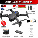 Black dual 4K camera drone with remote control, battery and bag