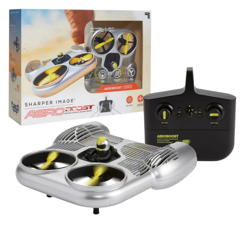 Toy RC racing drone with yellow propellers and black Aeroboost controller