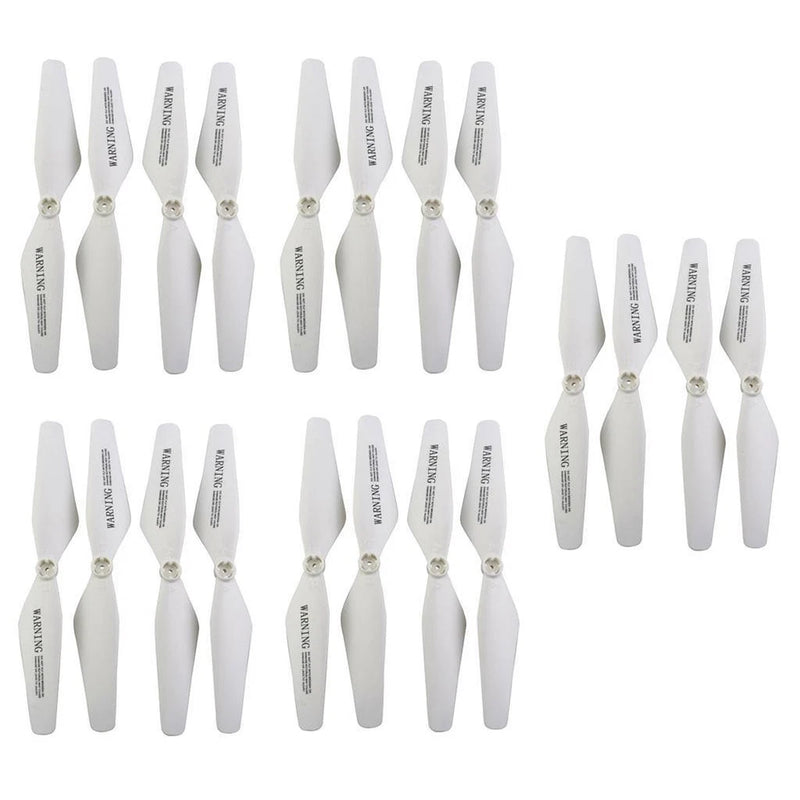 Set of 10 white propeller blades with printed markings and metal mounting hubs