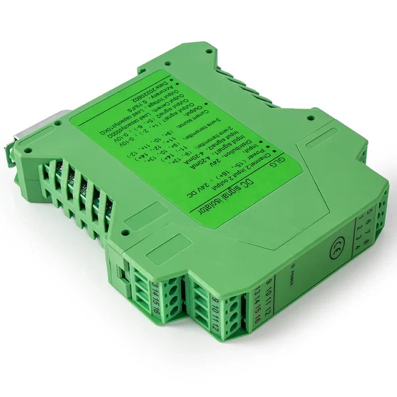 Green DIN-rail signal isolation transmitter with screw terminal blocks and label plate