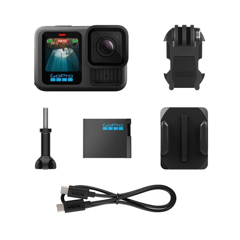 GoPro HERO13 Black action camera with mount, screw tripod, battery, and cables