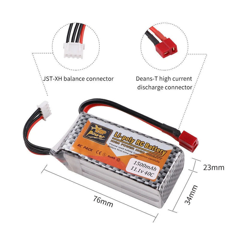 Rechargeable 11.1V 1500mAh LiPo RC battery pack with red T-plug and red/black leads