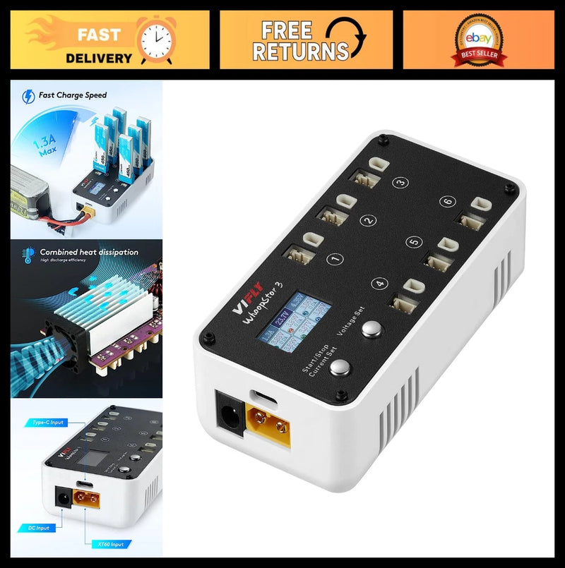 6 Ports 1S LiPo Battery Storage Charger & Discharger, LCD Display, Tiny Whoop Co Battery