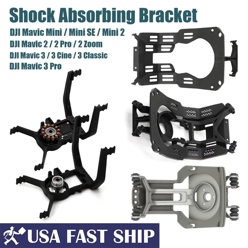 Shock absorbing gimbal bracket with vibration damping frame, black metal mount