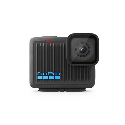GoPro action camera in dark housing, front lens with GoPro logo