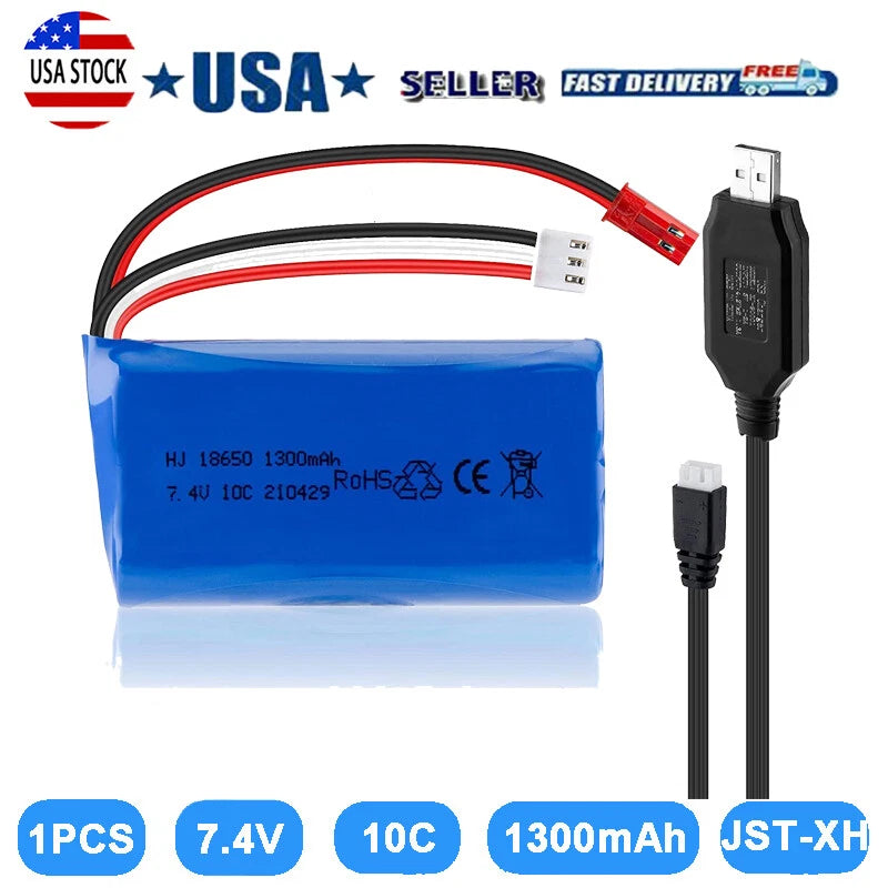 1pcs 7.4v 1300mah 15c Battery Jst Plug Connector With Charging For Rc Car Truck