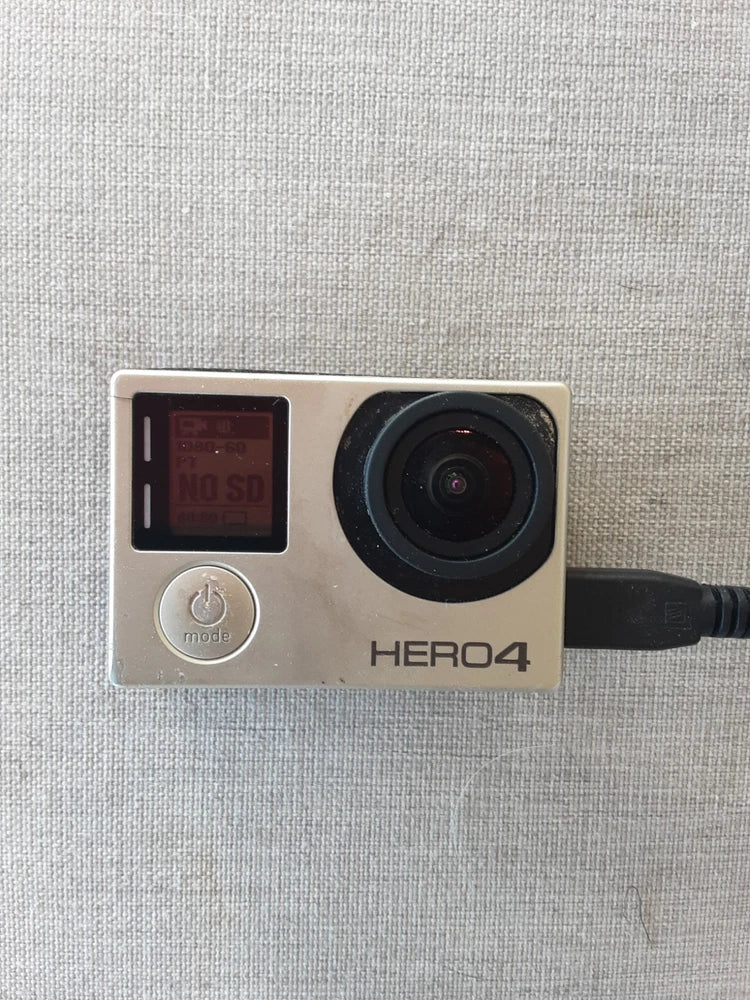 GoPro HERO 4 action camera front view with LCD screen and lens, power button